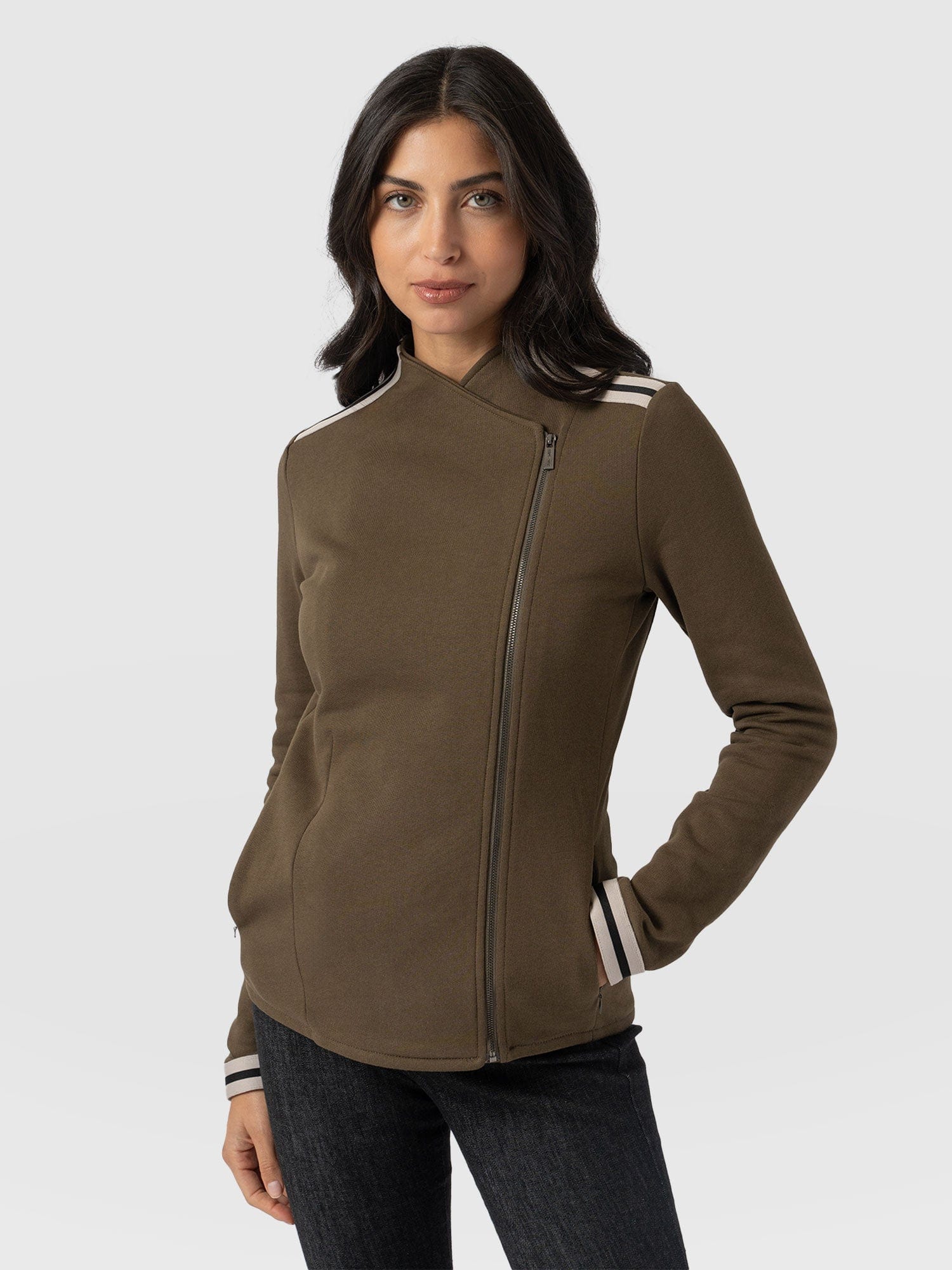 Cotton Biker Jacket - Khaki - Cream Stripe - Women's Jackets | Saint + Sofia® US